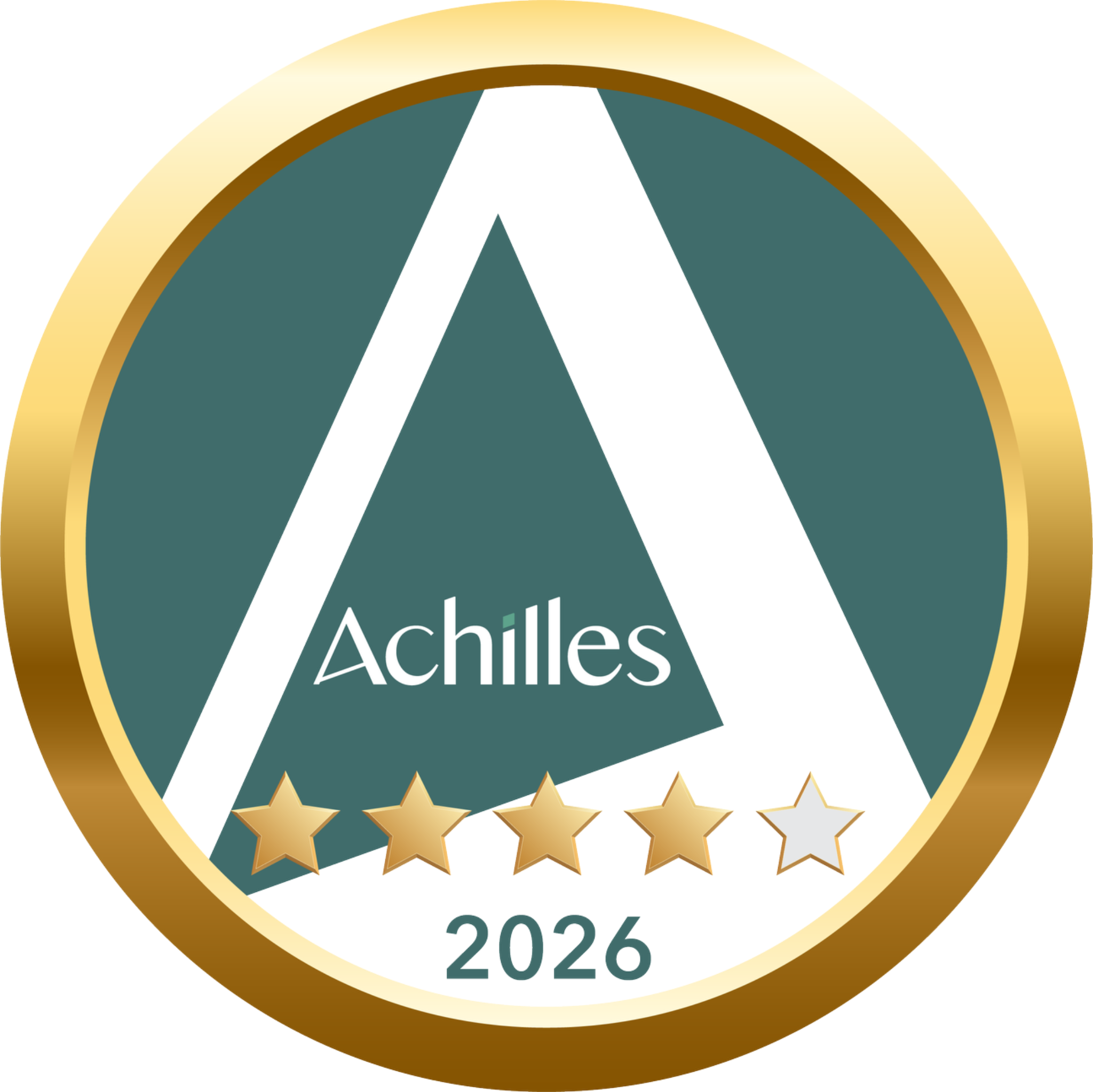 Official Achilles Sustainability Score badge for 2026, showing four stars.
